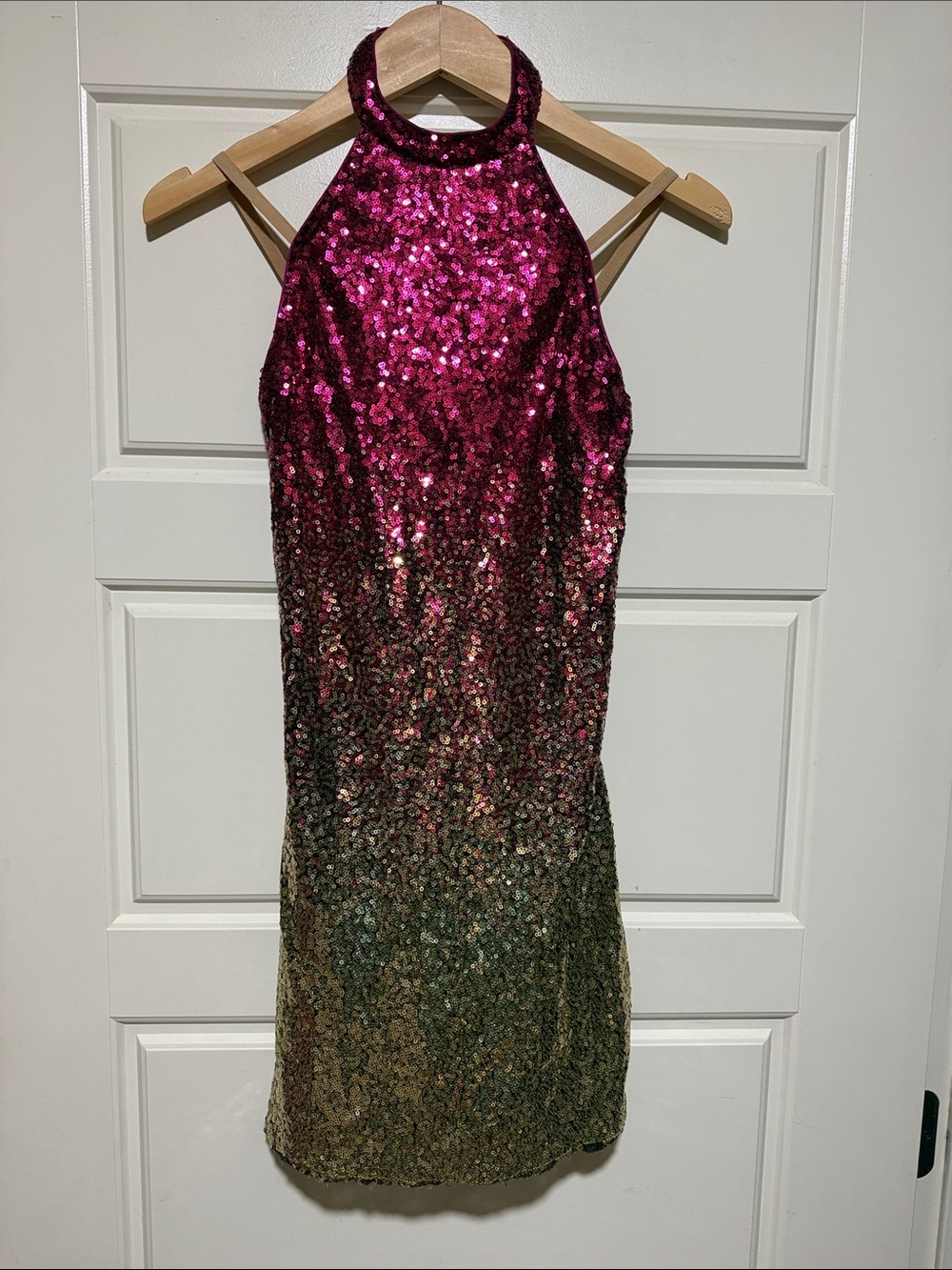 Revolution dancewear Sequin Ombre Halter Mini Dress in Fuchsia to Gold SA